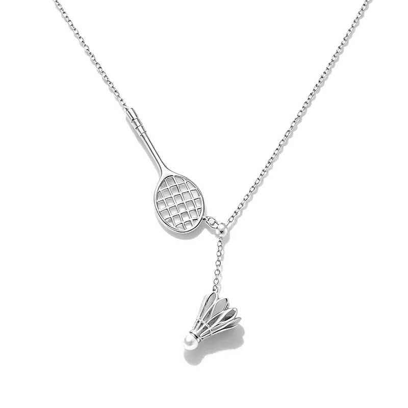 S925 silver badminton racket Y-shaped necklace, a niche sporty style pearl pendant necklace