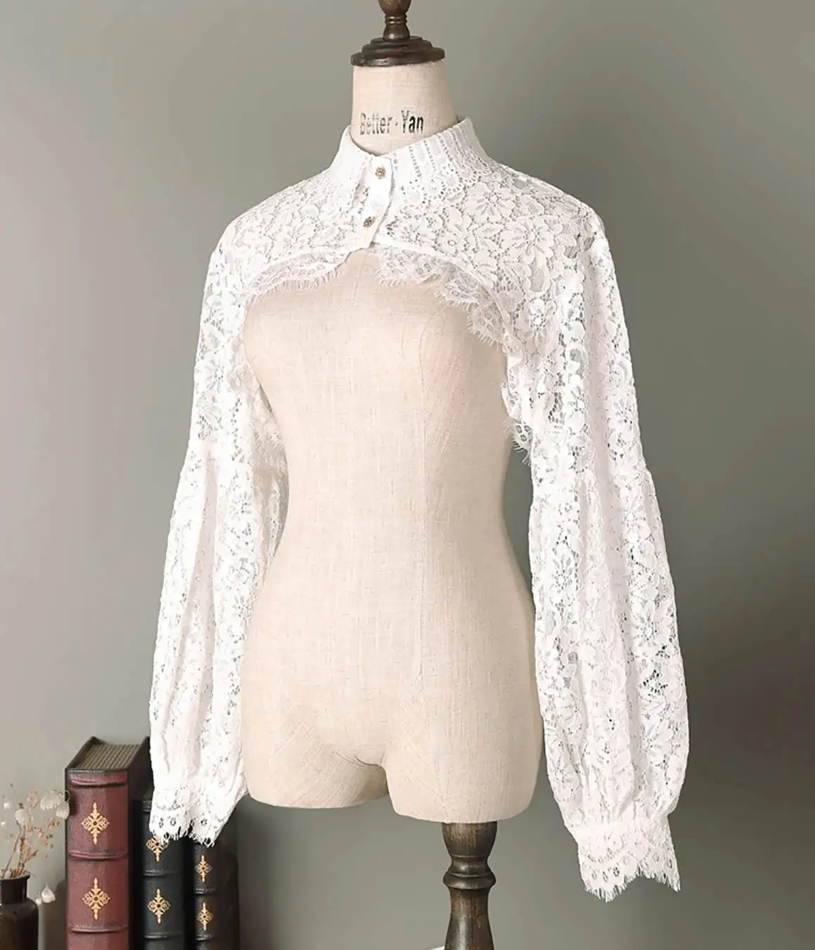 Veste ronde vintage à manches longues, vestes de mariée en dentelle, col haut, patients Everak, haute qualité, accessoires de mariage personnalisés