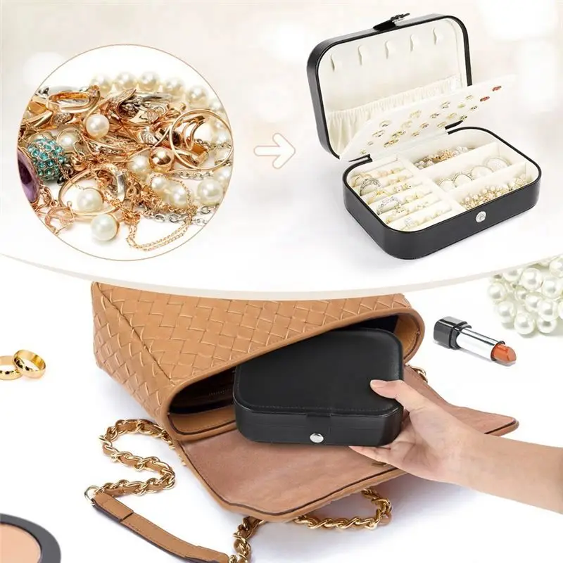 ABZF 2026 Double Layer Travel Jewelry Organizer PU Leather Portable Small Travel Jewelry Case for Women Girls,Black