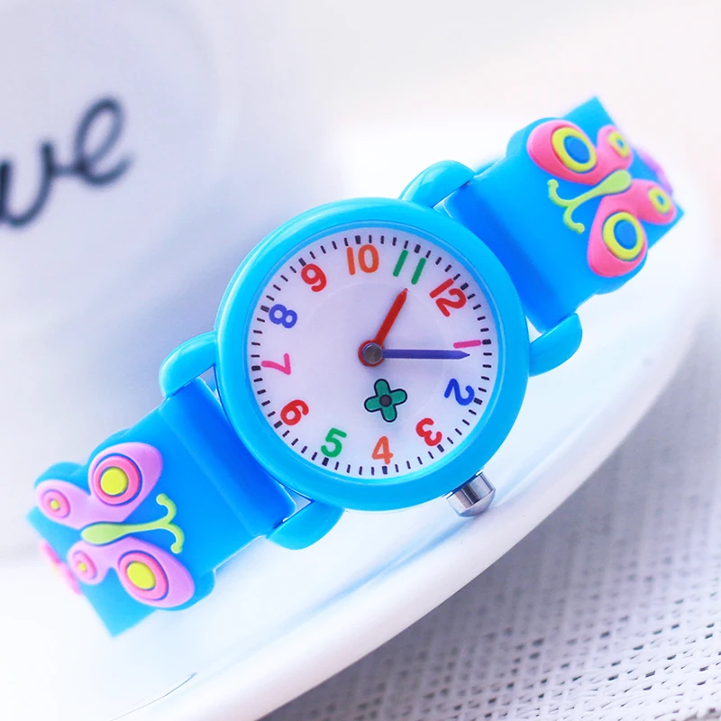 Lovely Cute Girls Woman 3D Butterfly Rotate Grass Hands Quartz Watches Beauty Flowers Pink Purple Five Colors For Baby Students