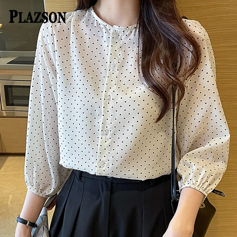 PLAZSON Summer Women\'s Shirt Dot Print Elegant Blouses Long Sleeve Casual Oversize Tops Korean Style Female Shirt 2023 셔츠 & 블라우스