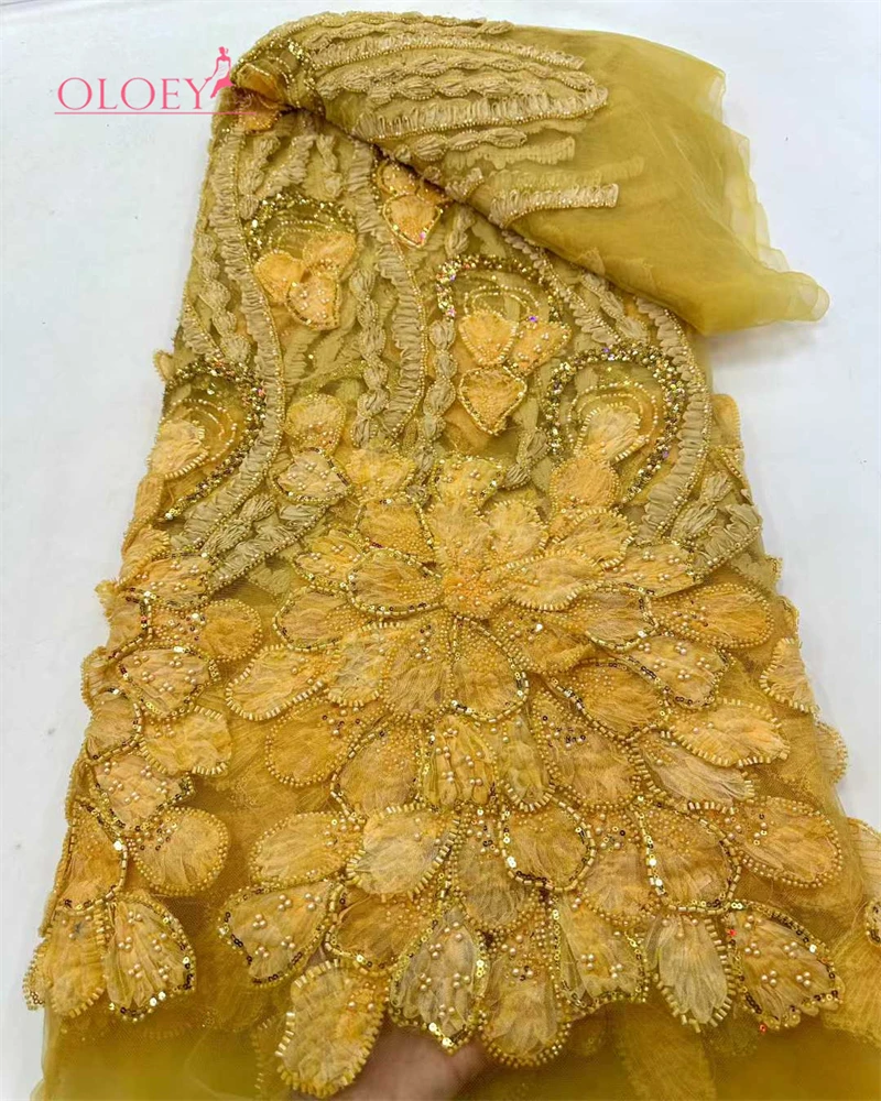 

OLOEY 3D African Beaded Sequined Lace Fabric 2026 French Nigerian Tulle Lace Embroidery Fabric for Bridal Wedding Gown Materials