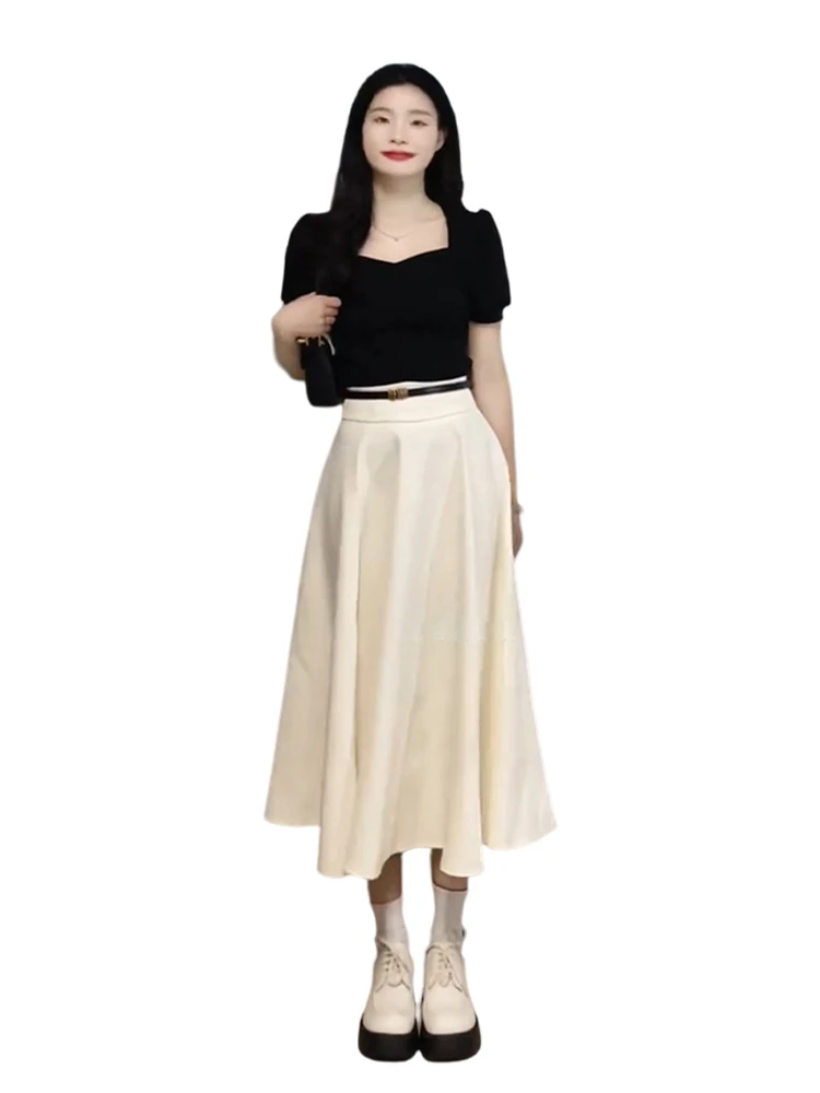 Slimming Summer Dr Set for Women Ele Cute Sle A-Line Skirt ort Sve Polyester Blend Fabric Holiday Wear