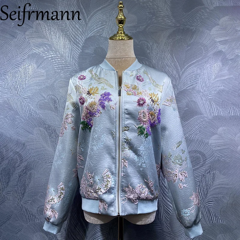 Seifrmann 2026 Summer Women's New Fashionable Stand up Collar Long Sleeve Nail Bead Jacquard Zipper Coat