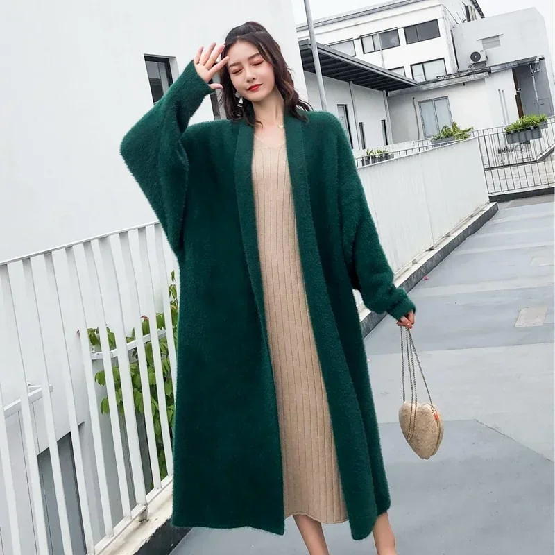 Autumn Winter Women Cashmere Long Cardigan Fashion Loose Casual Oversized Sweaters Green Jacket Soft Wool Warm Knitted Coats