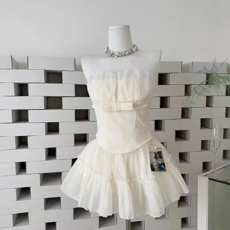 

Elegant Fairy Off Shoulder Party Two-piece Set Sweet Bow Strapless Top + High-waist Short Skirt Suit Korea Chic Clothes Women