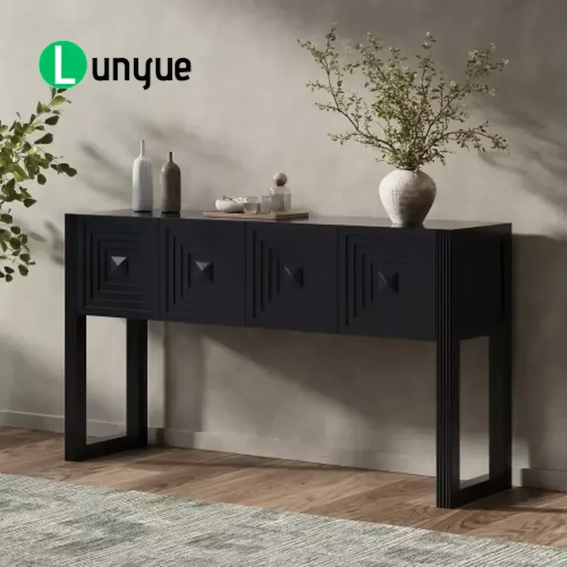 Black Geometric Carved Porch Table with 3 Soft Closing Drawers Fluted Leg Details for Living Room Hallway Entryway Console