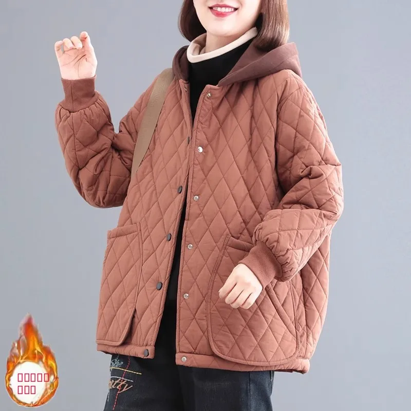 

Женское утепленное пальто больших размеров с хлопковой подкладкой, свободного кроя, с ромбовидным узором, с капюшоном, осенне-зимнее, модное, для повседневной носки, однотонное