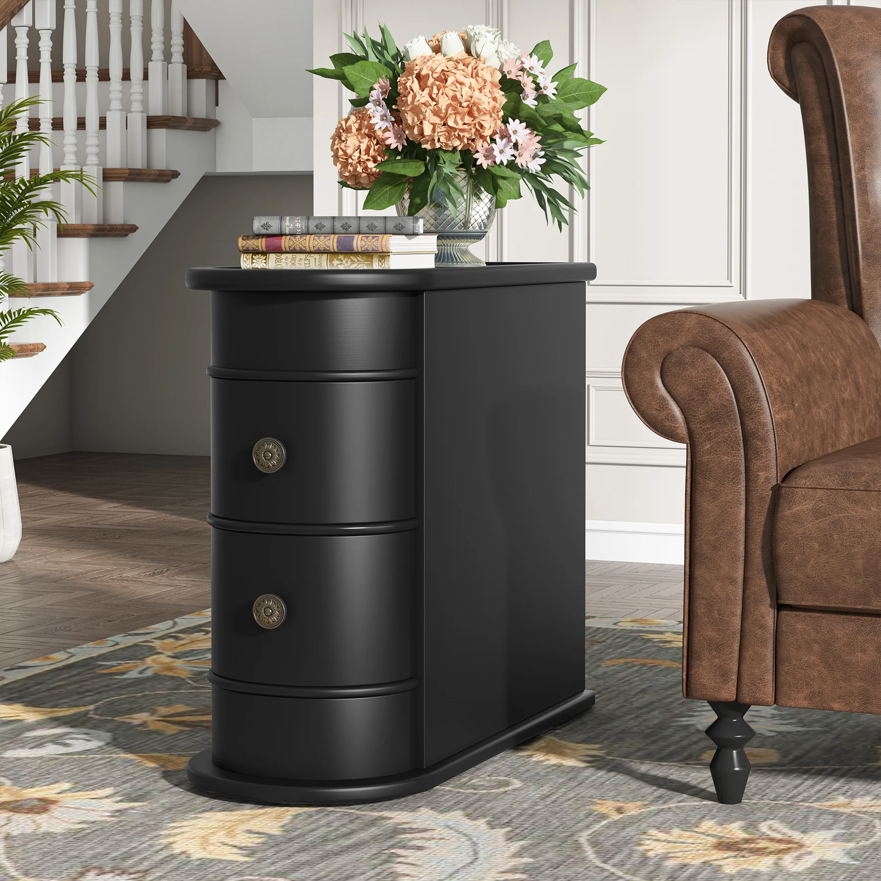 High End Luxury Solid Wood Fully Assemble Narrow 2-drawers Wooden Small Sofa Black Side Table for Living Room