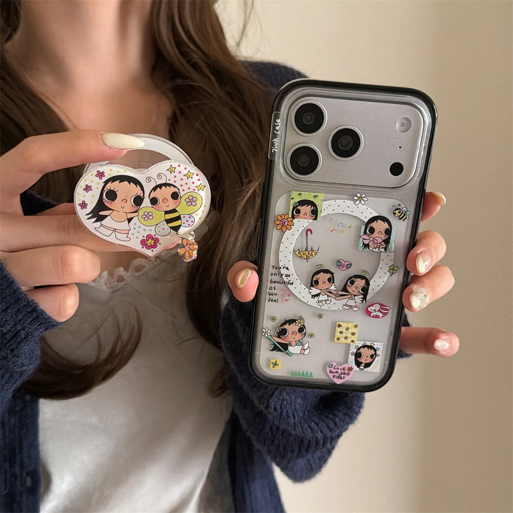 

Cute Angel Cartoon Girl Magnetic Phone Case for iPhone 16 Pro 15 14 13 17 Pro Max Cover With Magsafe Lovely Stand Kawaii Cases