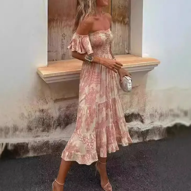 

European And American Spring And Summer New Printed Off-the-shoulder Tube Top Sexy Rest Lotus Leaf Sleeve Dress