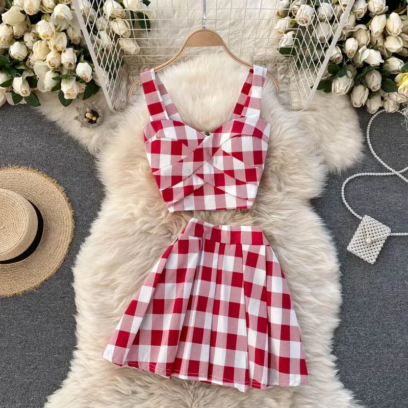 

Women's Summer Suit Korean College Style V-neck Short Suspender Top + High Waist Skirt Two-piece New Casual Female Sets LH601