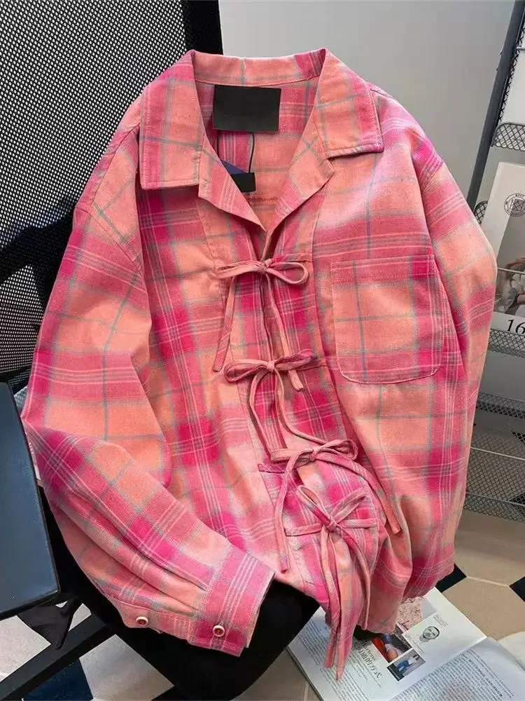 Y2K 아메리칸 빈티지 핑크 플래드 셔츠 여성 여름 패션 신상 라펠 넥 블라우스 루즈핏 긴팔 블라우스