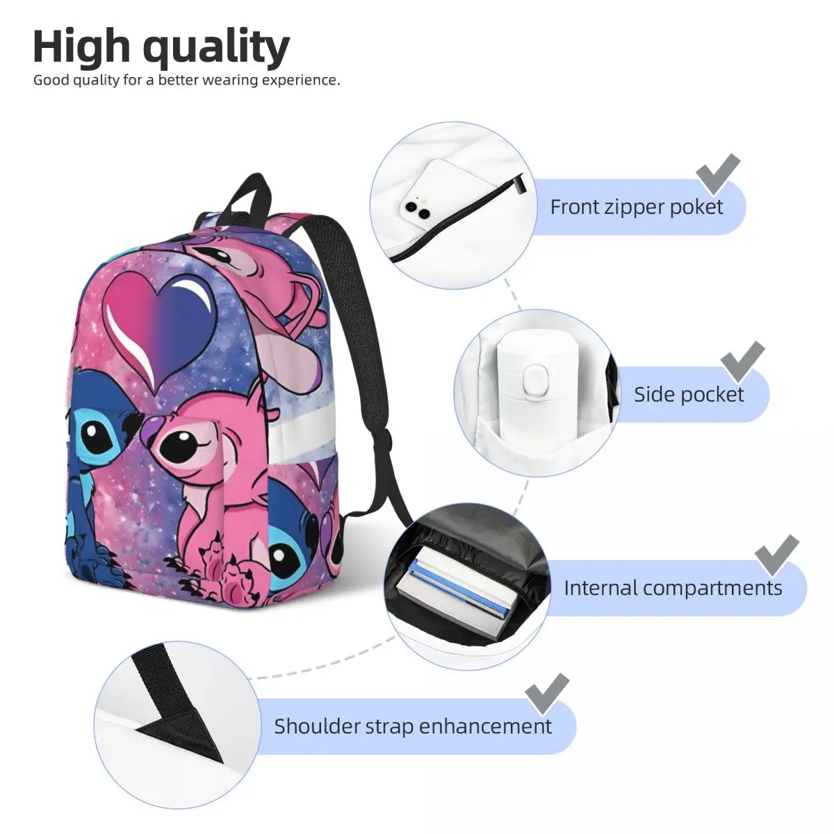 Stitch And Angel Rucksack für Kindergarten, Grundschule, Schüler, Büchertasche, Jungen, Mädchen, Kinder, Tagesrucksack, Geschenk