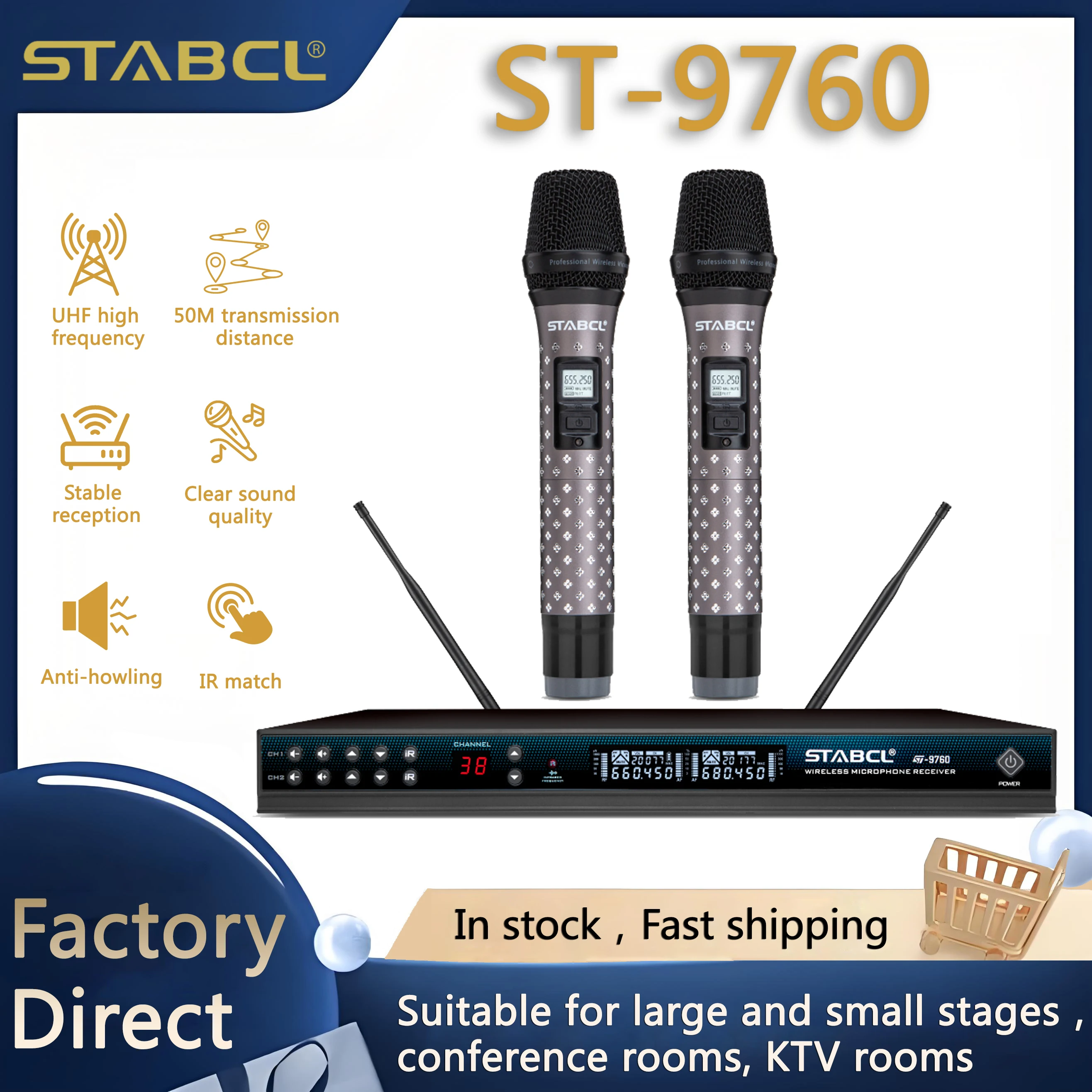 ST-9760 Wireless Microphone  Professional UHF 2 Channels Karaoke Mic Handheld Automatic Frequency 50M