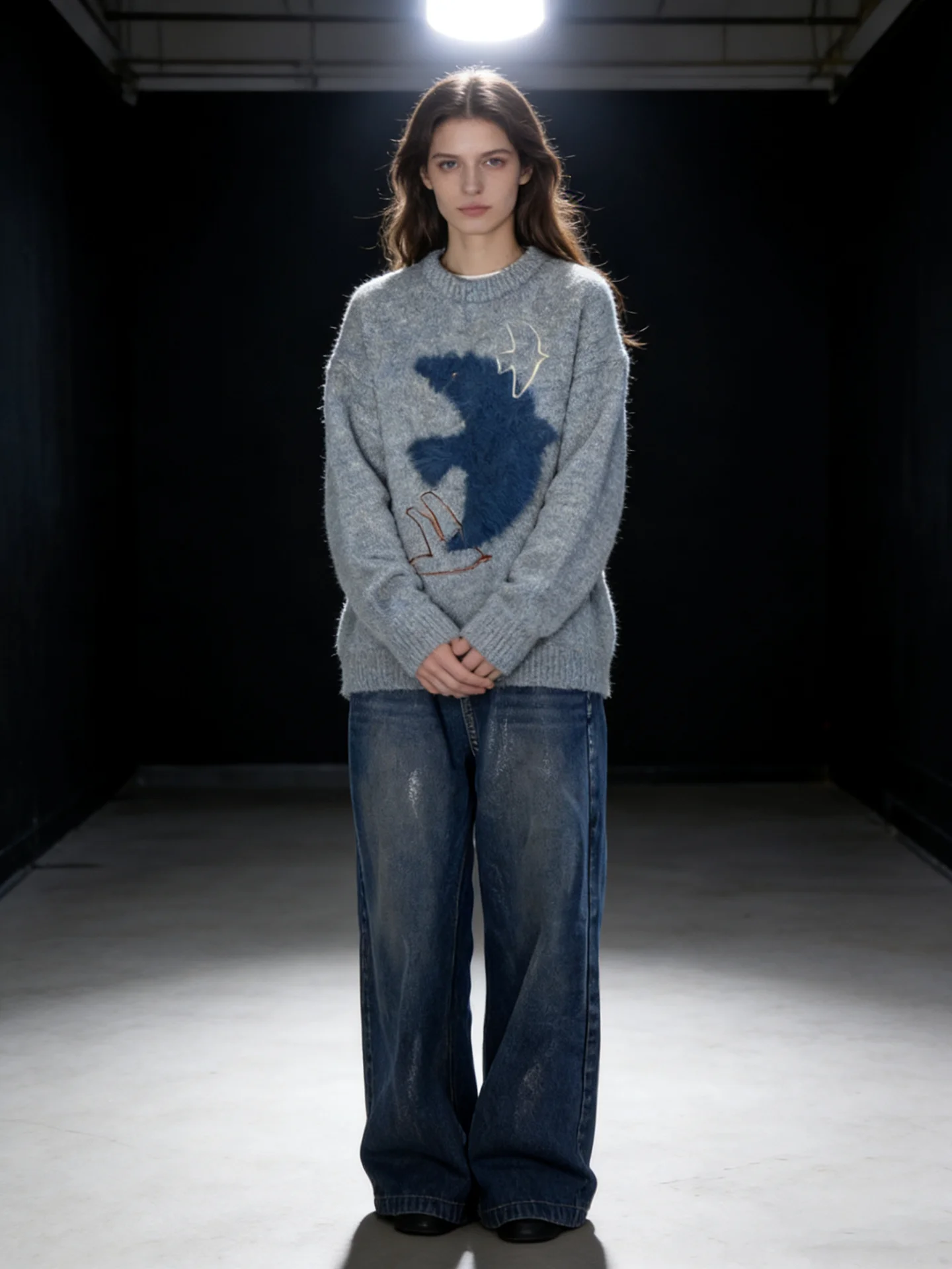 

Вязаный свитер HUAAPPUW Lazy Sle с круглым вырезом, свободный, теплый, однотонный, с вышивкой «Птица океана», повседневный, комфортный, женский трикотаж