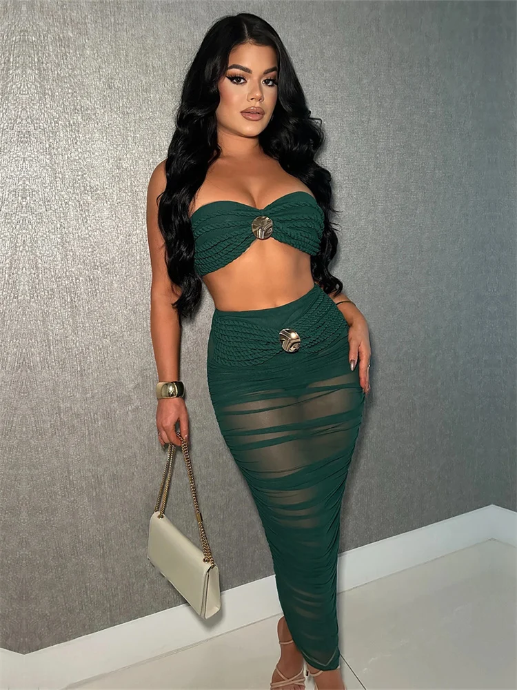 

Weird Puss Sexy 2-Piece Set Women Metal Decoration Strapless Top+Peach Hip Mesh Patchwork Bottom Elegant Beach Vacation Outfits