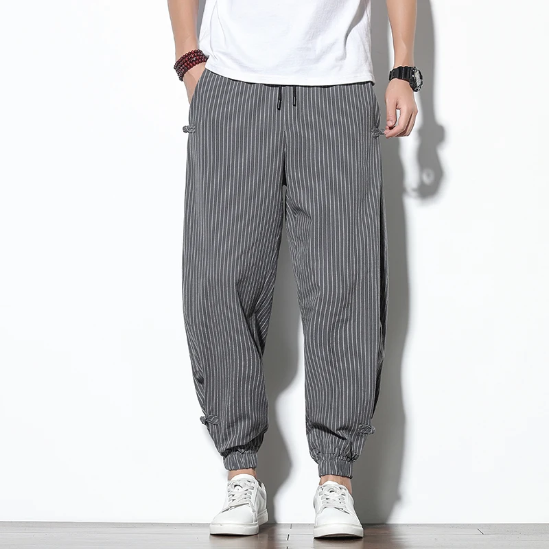 M-5XL Plus Size Mens Striped Harem Pants with Pockets Drawstring Elastic Waist Cuffed Pants for Men Casual Stretwear Clothing