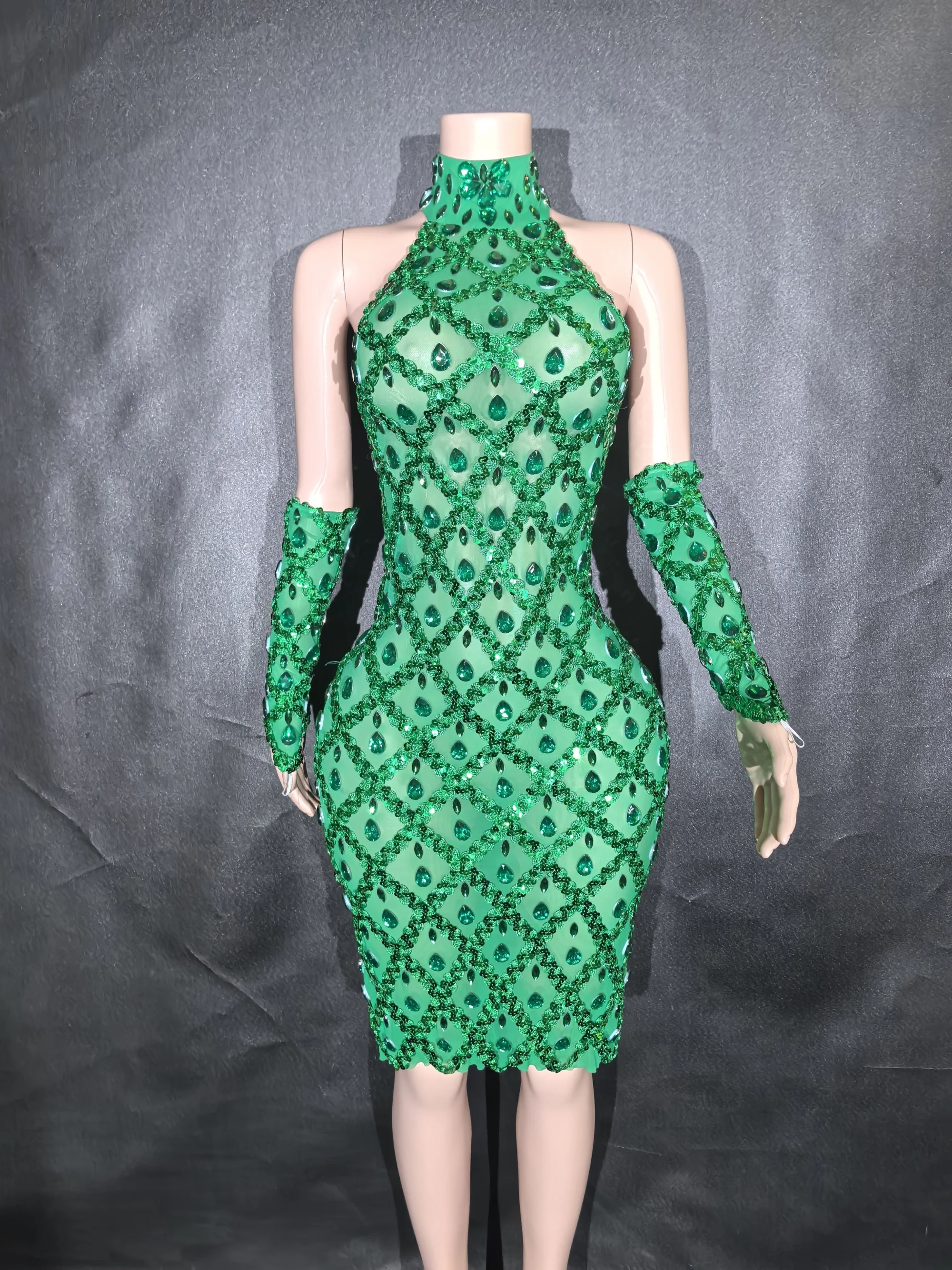 

Women Sexy Stage Shining Rhinestone Sequins Dress Evening Prom Birthday Dress Transparent Performance Singer Club Host Dress 7G