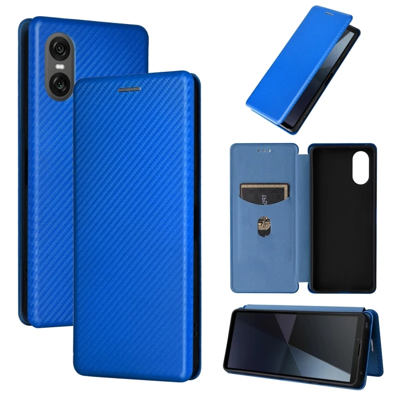 PU Leather Flip Case For Sony Xperia 10 VI 2024 Carbon Fiber Texture Phone Protective Cover with Functional Card Slot