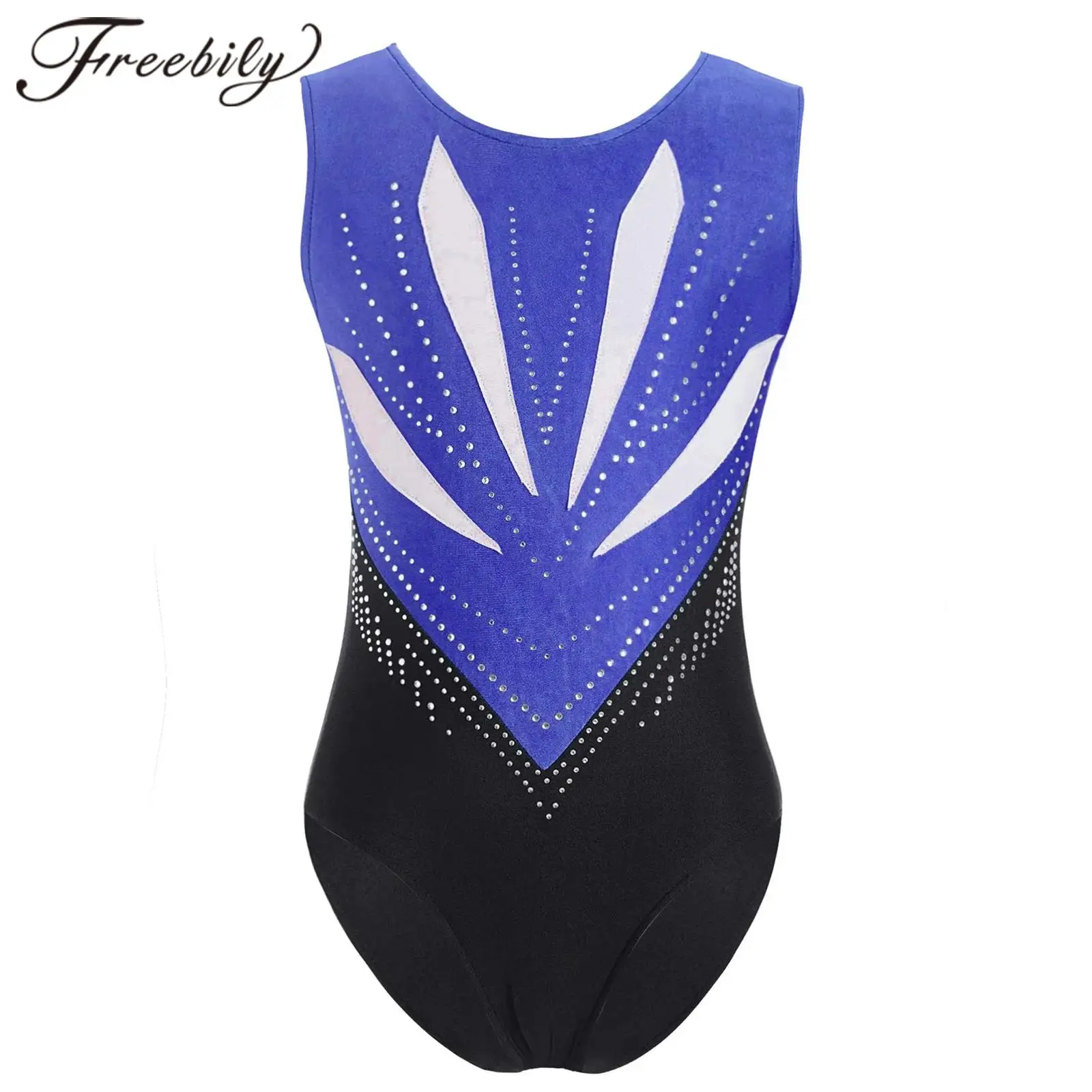 Kids Girls Rhythmic Gymnastics Jumpsuit Ballet Leotard Figure Skating Costume Dancewear Bowknot Cutout Back Rhinestones Bodysuit