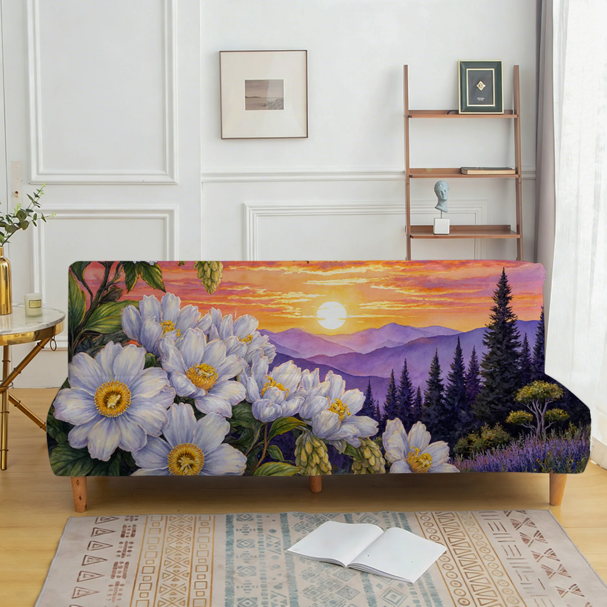 Sunset mountain flower sofa bed cover, non-slip and anti-grab furniture protective cover, easy installation