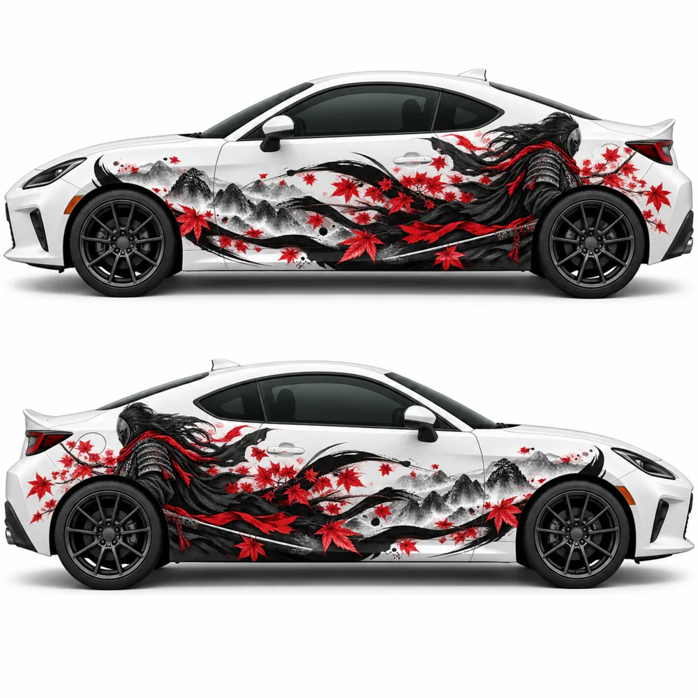2 PCS Crimson Maple Samurai Car Side Decals, Die-Cut Vinyl Sticker Set