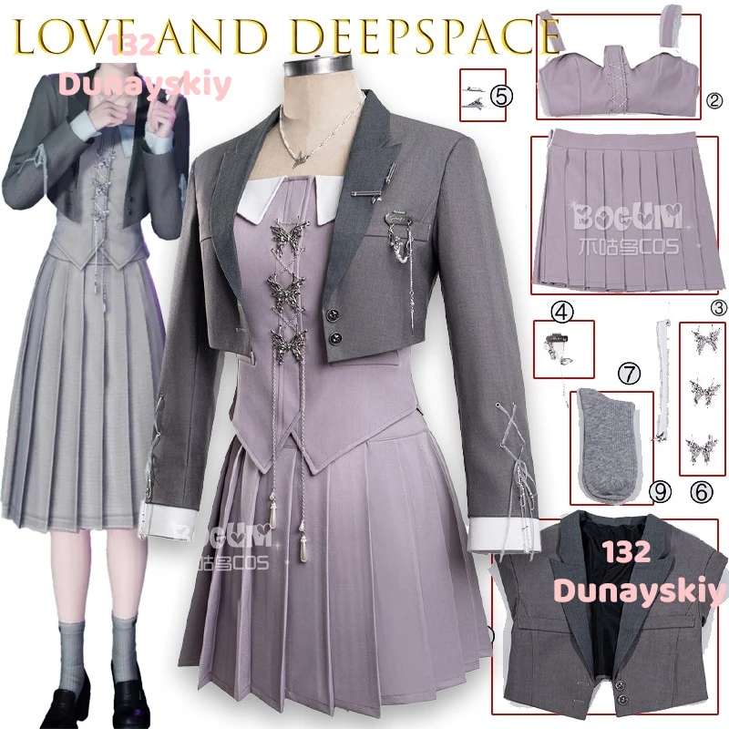 

Love And Deepspace Cosplay Costume Whispers Of The Heart Main Control Y2k Gray Pleated Daily Dress for Anime Halloween Game