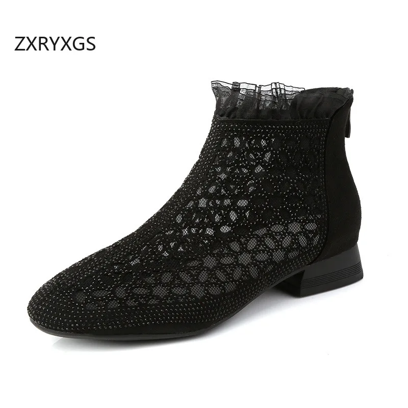 

ZXRYXGS Top Microfiber+sheepskin+mesh Breathable Boots Black Sandals 2026 New Fashion Rhinestone Lace Women Cool Boots Big Size