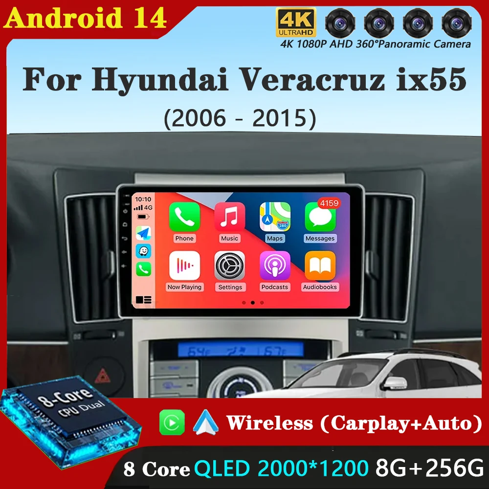 

Android 14 Carplay Car Radio For Hyundai Veracruz ix55 2006-2015 Navigation GPS Multimedia Player WiFi+4G stereo BT 360 Camera