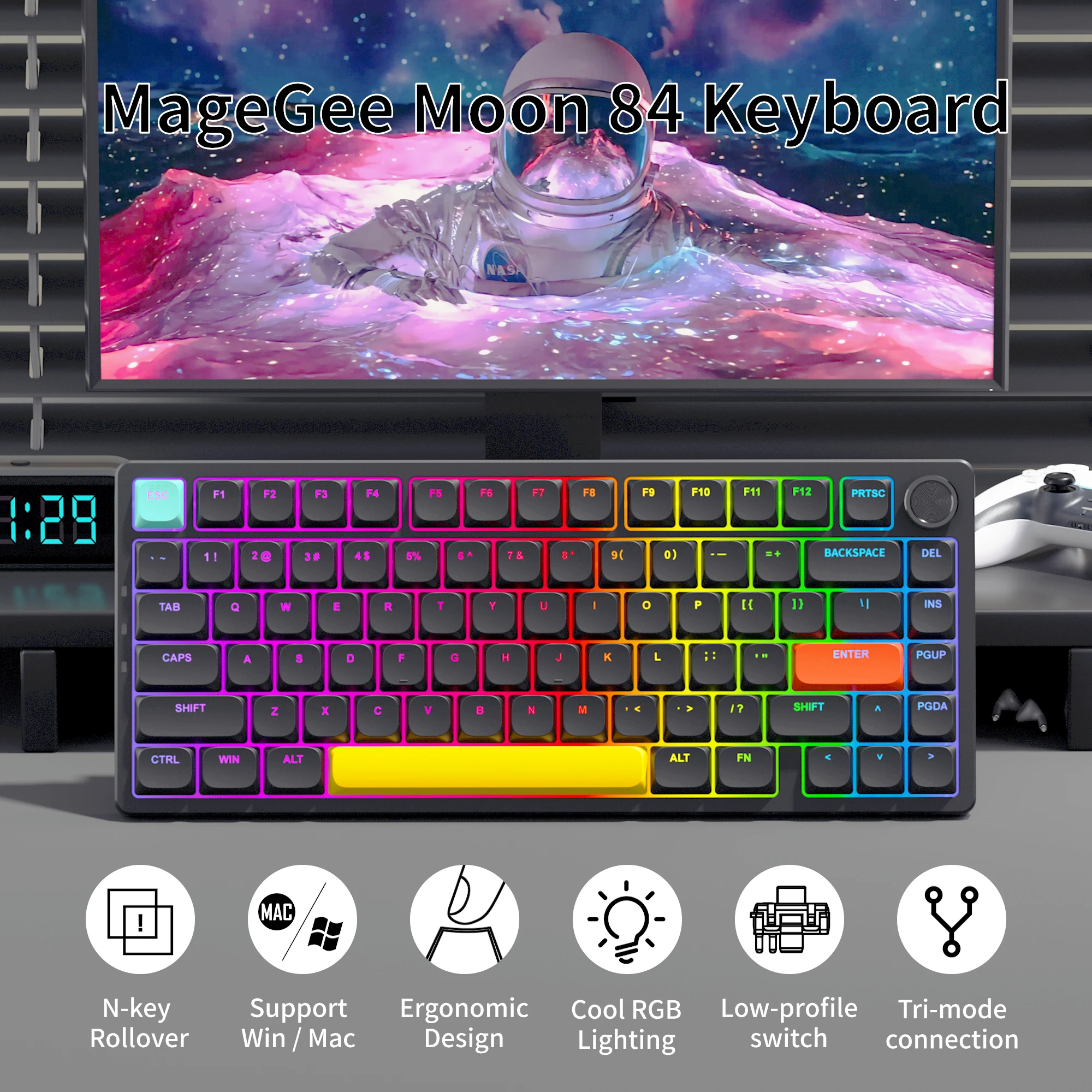 MageGee Moon84 Tri‑Mode Low‑Profile Mechanical Keyboard 75% 84 Keys Red Switch RGB Backlit 2‑in‑1 Knob for Window/Laptop/PC/Pad