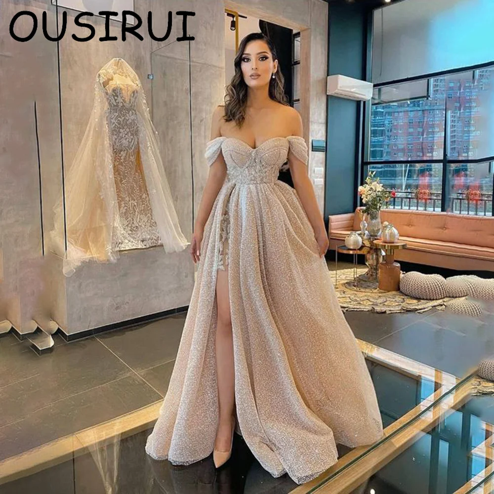 

OUSIRUI Off the Shouler Shiny A-line Formal Prom Dresses with Appliques Lace Court Side Slit Evening Prom Gown vestidos de festa