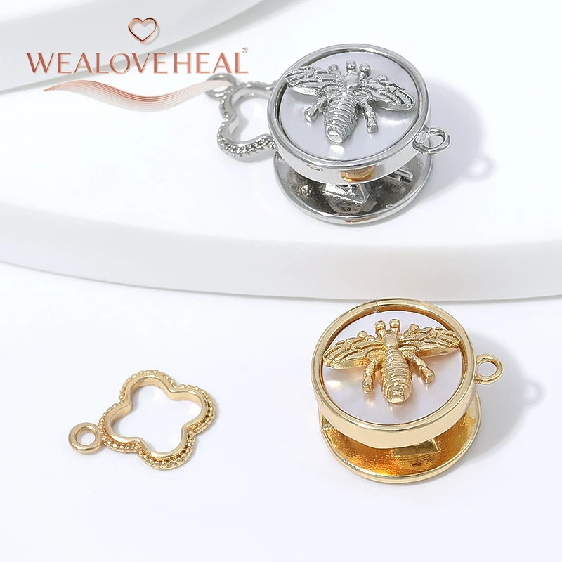 armband verschluss, 1/2 Stück 18K vergoldeter Messing-Bienenverschluss, mit Honigbienen-Motiv auf Muschel, Druckknopfverschluss mit Kleeblatt-Endstück für DIY-Perlenschmuckzubehör – Detail 18