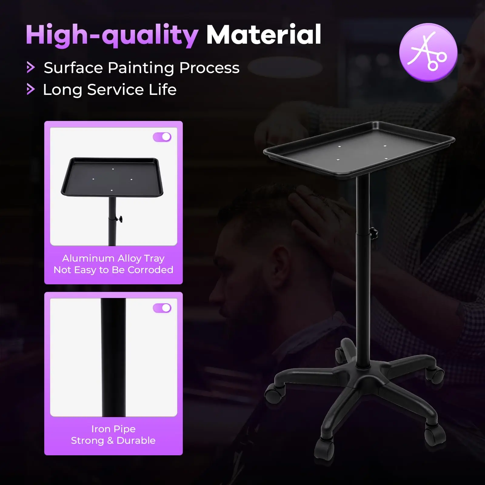 Vassoio da salone con rotelle con altezza regolabile, carrello per tatuaggi in alluminio per parrucchiere, tatuaggio, dentale