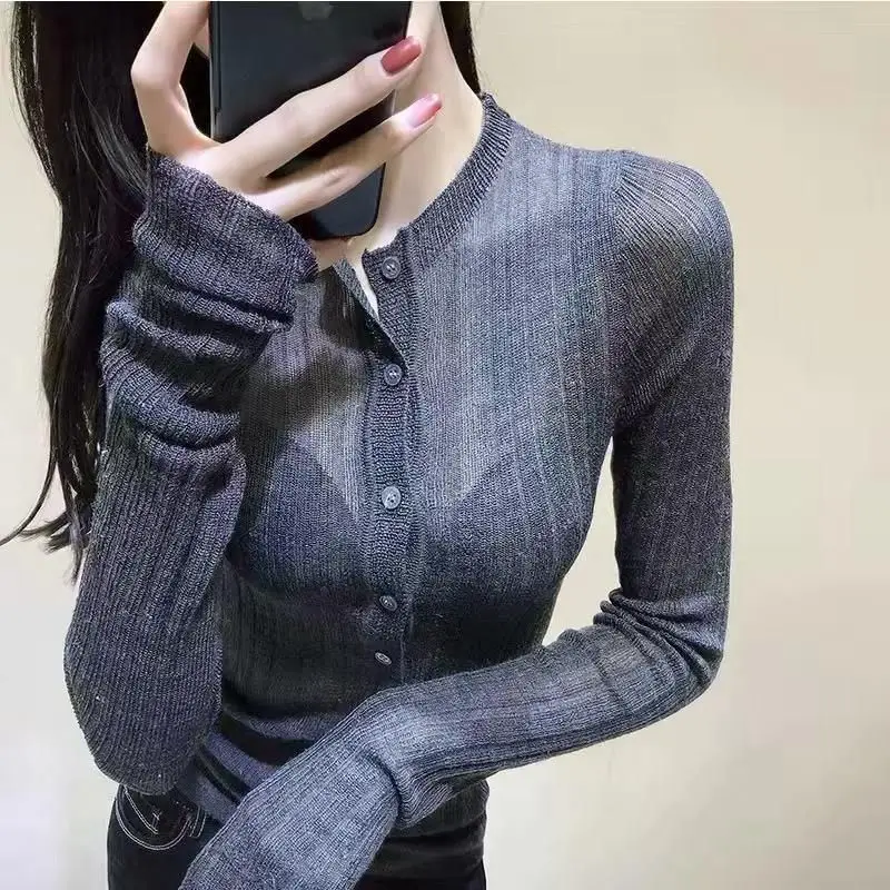 Knitted Sweater Pullover Women Tops Korean Chic Long Sleeve Button Half Open Neck Sexy Slim See-through Thin Y2k Tops