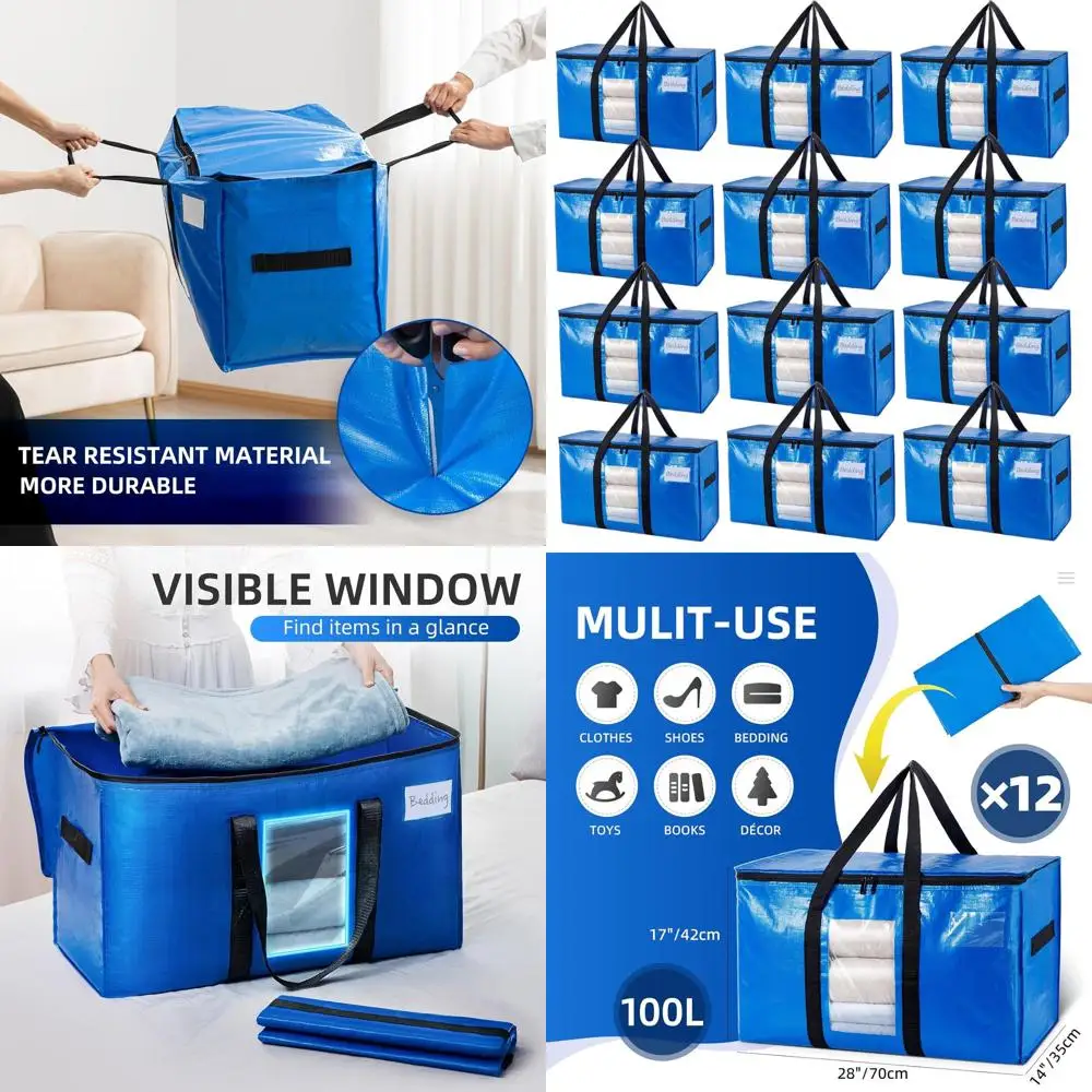 

12-Count XL Blue Heavy-Duty Storage Totes with Clear Window and Easy Carry Handles - Space-Saving Moving Alternative