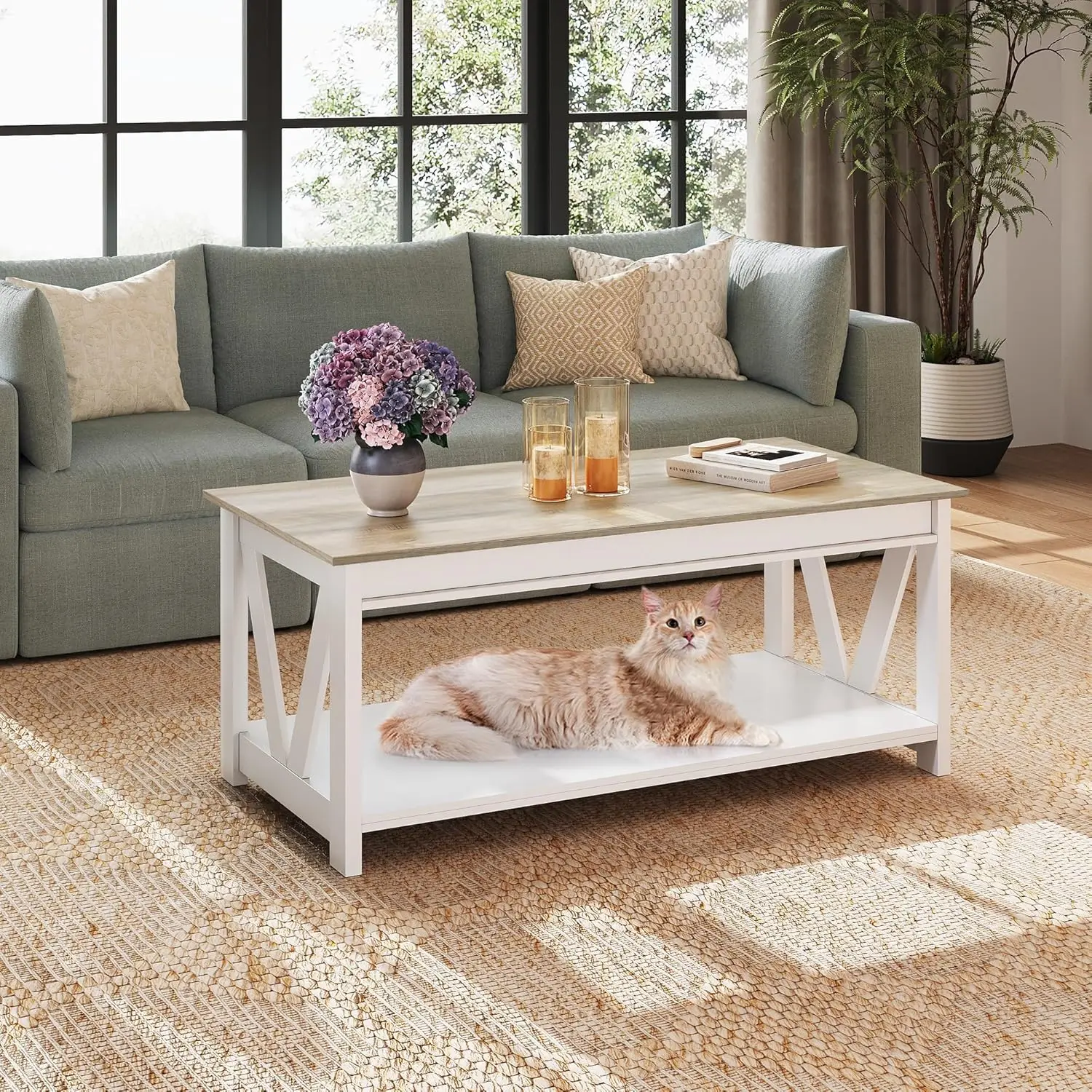 

Coffee Table, 43" Farmhouse Coffee Table with Storage Shelf & Sturdy V-Shaped Support, Wood Center Table for Living Room,White