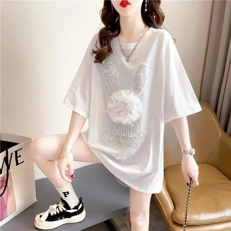 Sweet Pink Cotton T-shirt Heavy Handmade Diomand Shiny Bowknot Bear Cartoon Graphic T Shirt Summer Tees Top Accessories Clothes