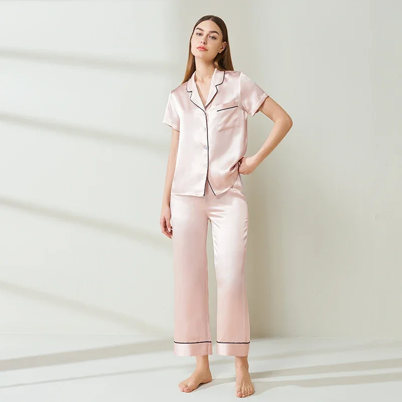 

19 мм пижамный комплект из натурального шелка шелковицы с короткими рукавами и шортами, однотонная пижама с лацканами, пижама с брюками, ночная рубашка на пуговицах