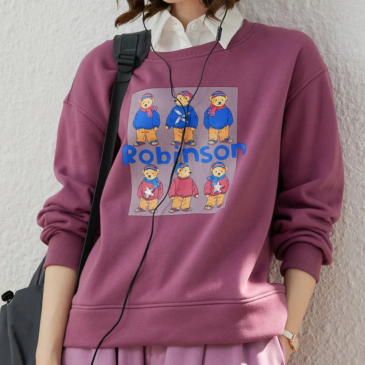 LOUIS YAO Women Sweatshirt 2023 Autumn and Winter Long Sleeve Round Neck Thickened Casual Bear Printed Drop-shoulder Sleeve Top