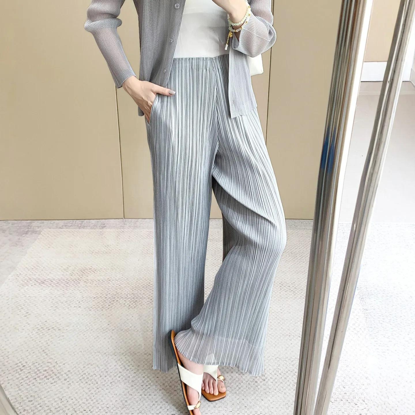 Miyake Pleated Cardigan 2026 Summer Thin Long Sleeve Mesh Jacket Simple Draped Elastic Wide-Leg Pants 2-Piece Set Women Clothing