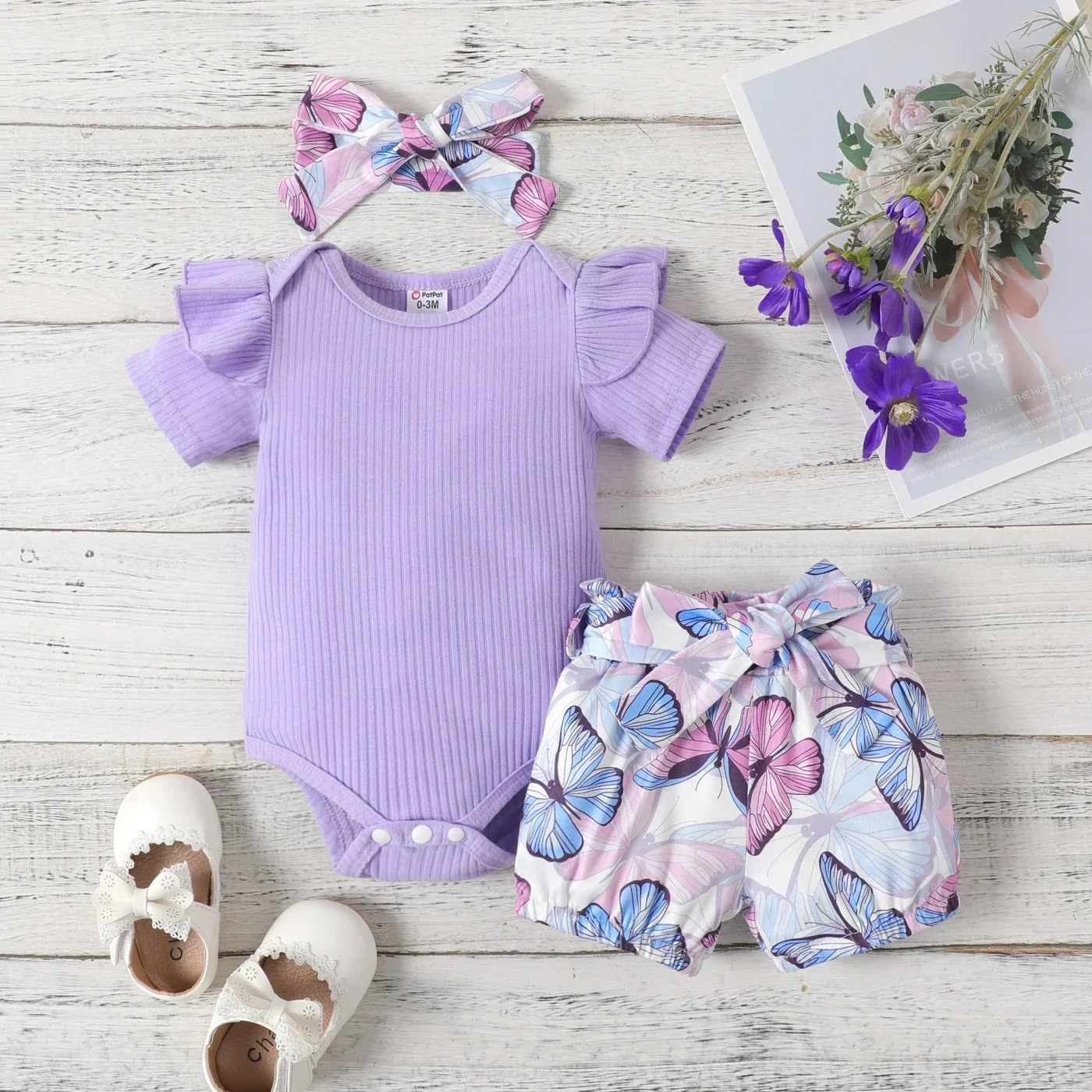 PatPat 3pcs Baby Girl Ribbed Romper & Belted Shorts & Headband Set Soft and Comfortable  Perfect for Outings Basic Style