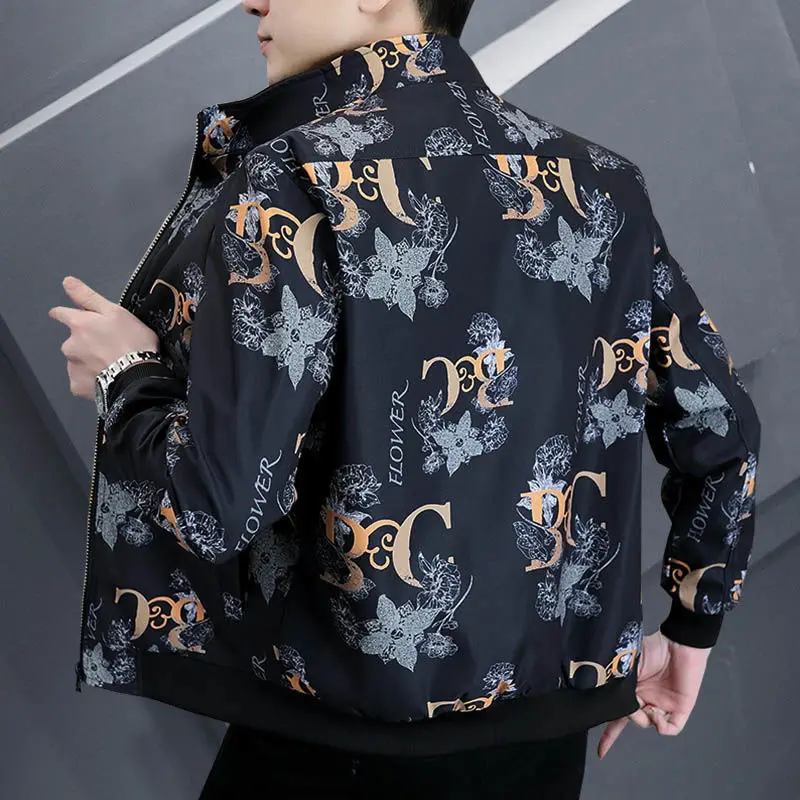 Fashion Stand Collar Zipper Casual Printed Letter Jackets Men\'s Clothing 2024 Spring New Loose All-match Tops Korean Coats