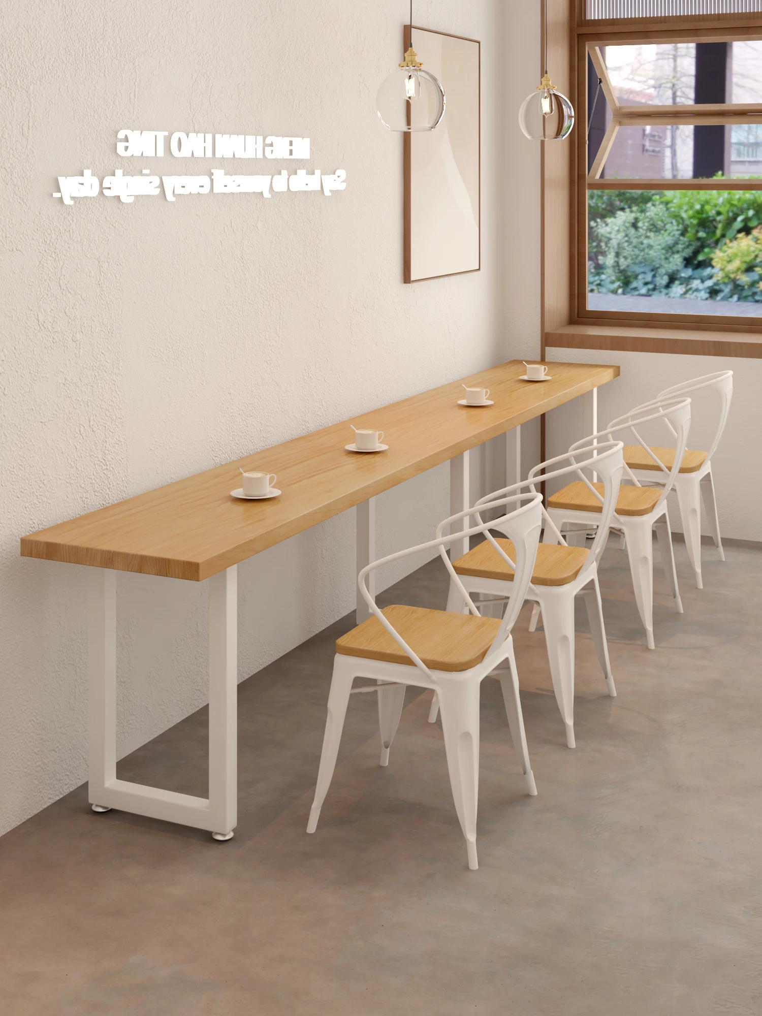 Wrought iron long narrow table fast food restaurant canteen snack bar against wall by the window table noodle res