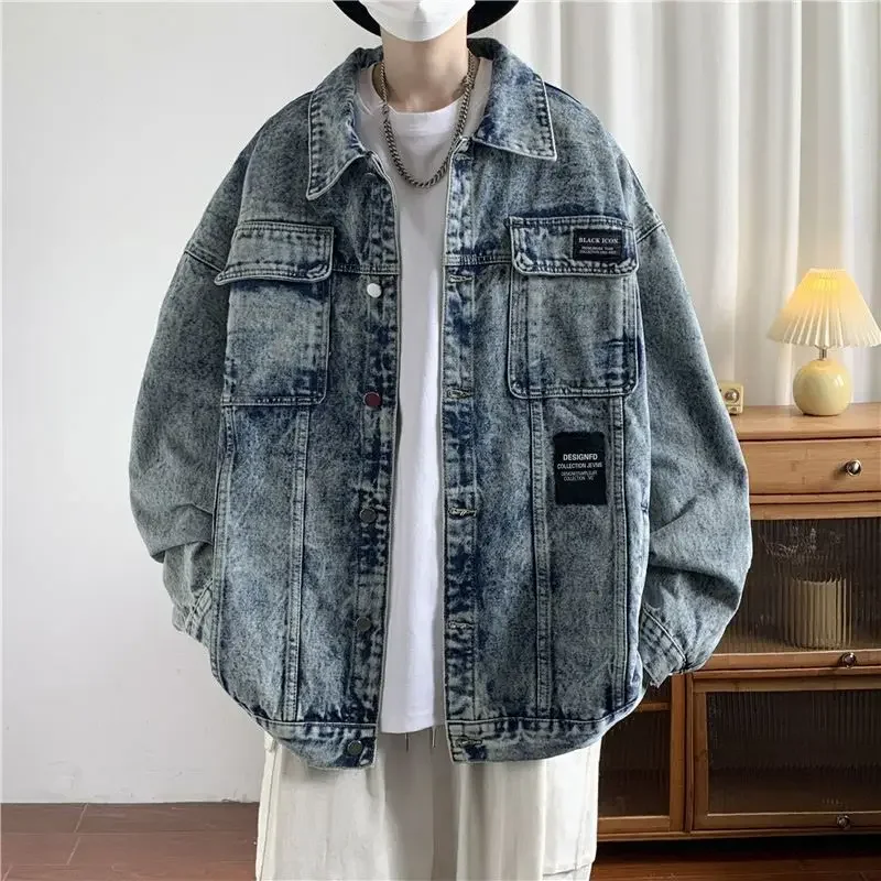 Jaket denim untuk pria, jaket denim retro senior tren kerah, jaket denim pria serbaguna kasual longgar jalanan tinggi untuk pria