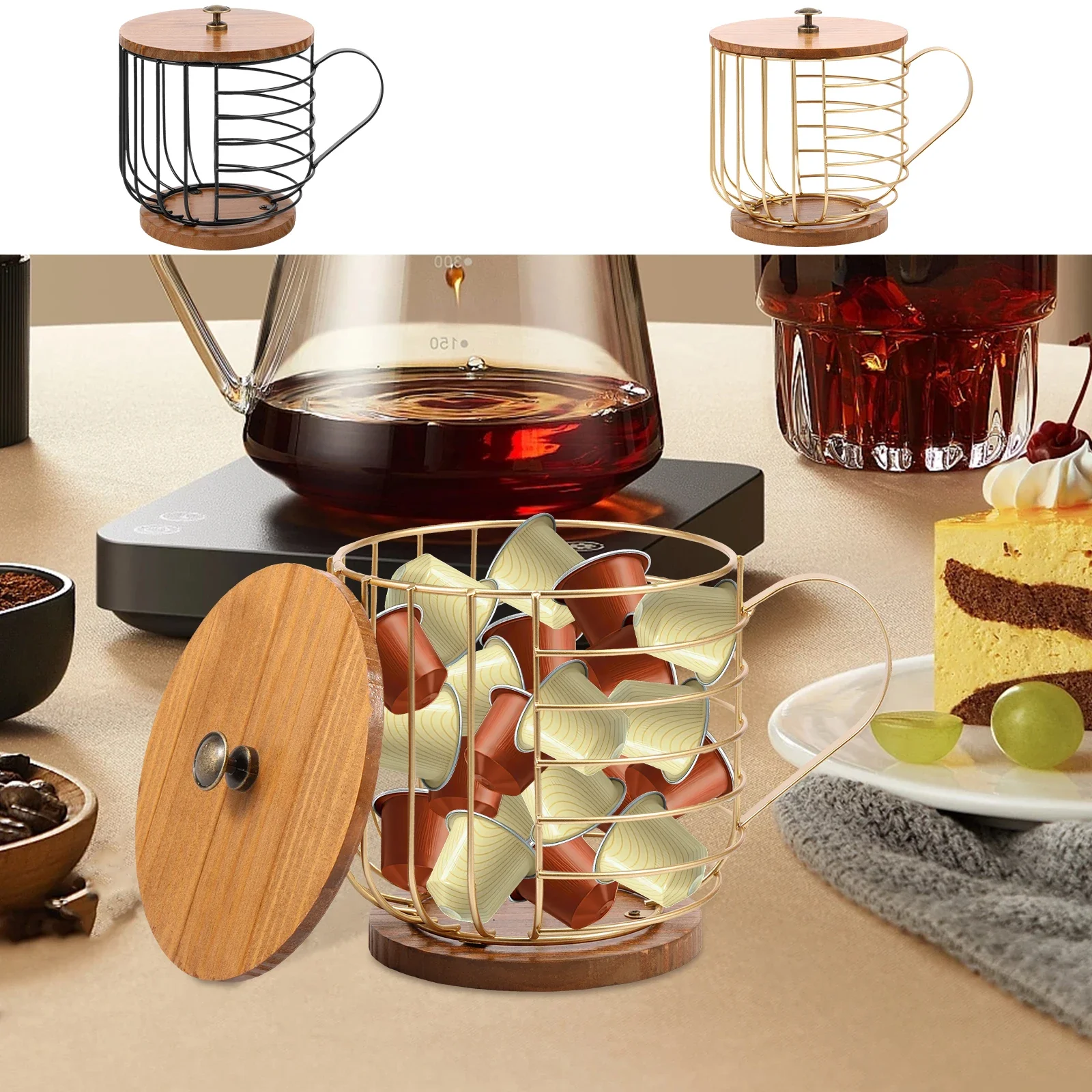 Large Capacity with Wood Base and Lid Kitchen Countertop Organizer Coffee Pod Basket Coffee Capsule Storage Basket