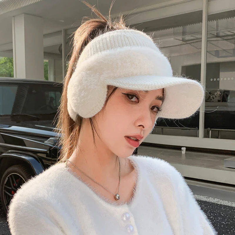 

Winter Baseball Cap for Women's Warm Hollow Top Stretch Rabbit Fur Knitted Ear Protection Casual Hats