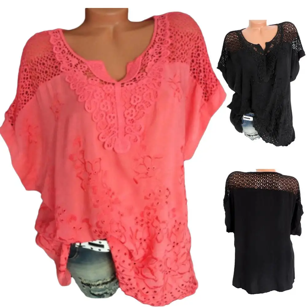 PLUS Size Loose Short-Sleeved Lace Women Blouses Cotton Blouses 2025 Summer V-neck White Shirt Tops Sexy Fashion Women Shirt