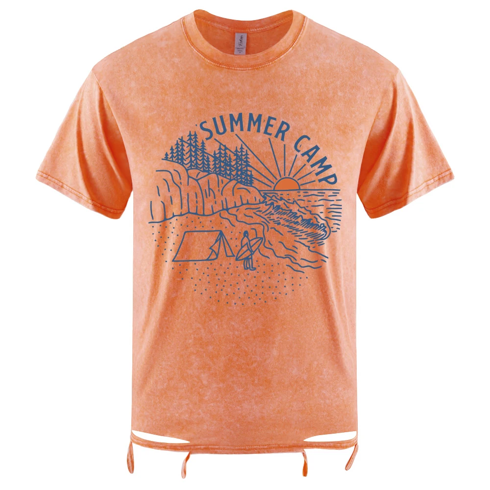 

Waiting For Sunrise At Summer Camp Printing Retro Tee Shirt Men All-Match Cotton T-Shirt Sport Top Washed Holes Short Sleeve