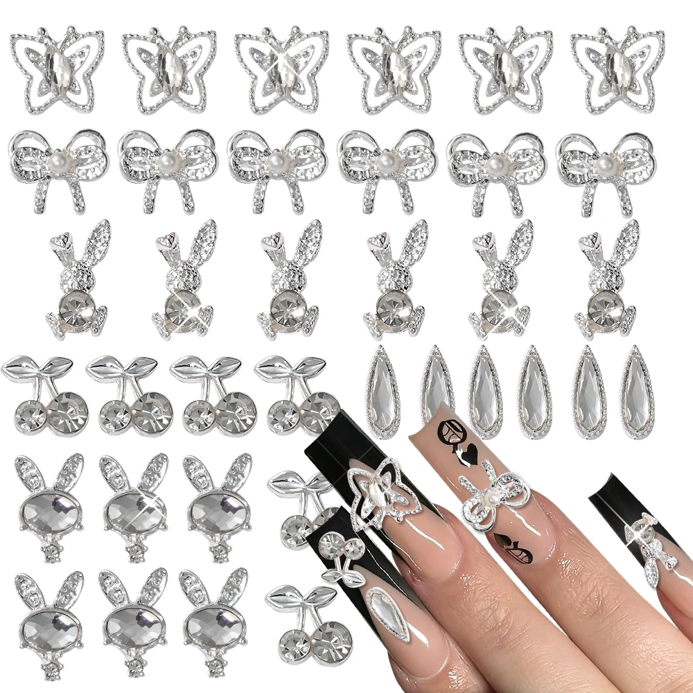 30Pcs Silver Alloy Rabbit Nail Charms Pearl Clear Heart Waterdrop Diamond Nail Decoration Hollow Butterfly Rhinestone Nail Parts